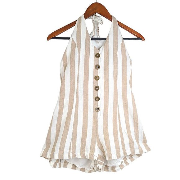Paradise USA Tan White Striped Linen Halter Neck Romper - Picture 3 of 11